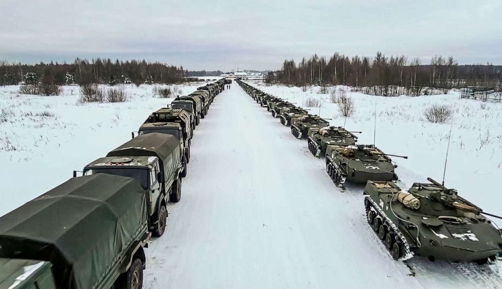 PHOTO: Military vehicles wait to be loaded onto Russian military planes at an airfield in Russia, Jan. 7, 2022, in an image from Russian television.