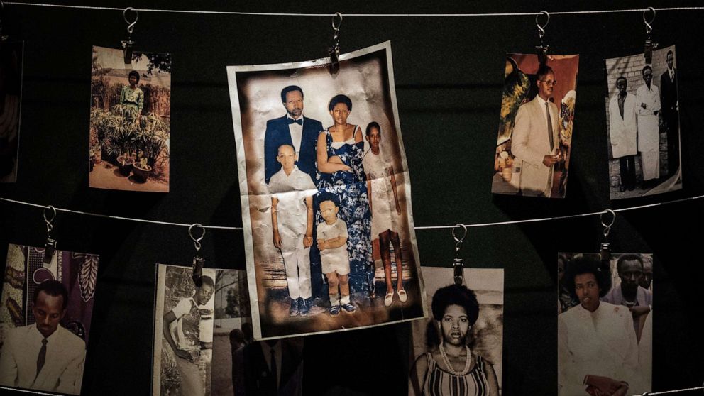PHOTO: Genocide victims' portraits are displayed during an exhibition at the Kigali Genocide Memorial in Kigali, Rwanda, April 29, 2018.