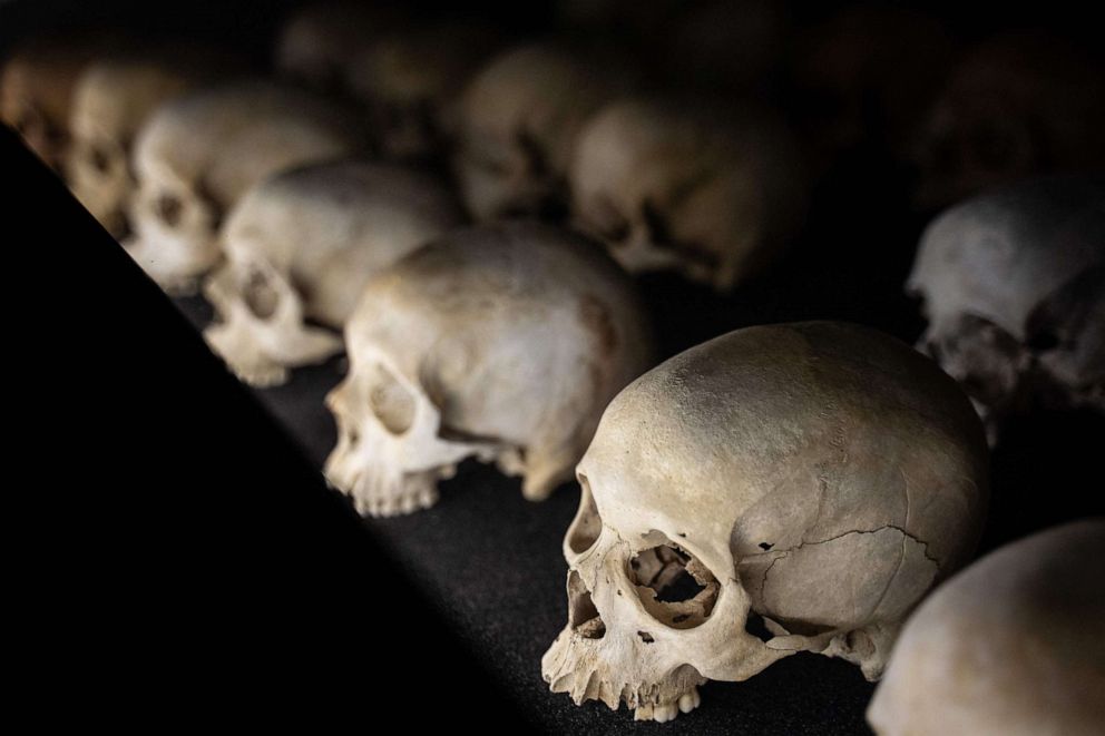 PHOTO: Skulls of some victims of the 1994 Rwandan genocide are displayed at the Kigali Genocide Memorial in Kigali, Rwanda, on April 7, 2021.