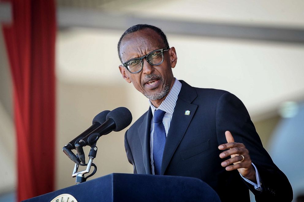 PHOTO: Rwandan President Paul Kagame speaks during the state funeral of former Kenyan President Daniel arap Moi at Nyayo Stadium in Nairobi, Kenya, on Feb. 11, 2020.