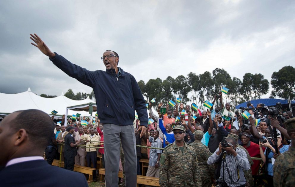 PHOTO: Rwandan President Paul Kagame waves to the crowd before speaking at a baby gorilla naming ceremony in Kinigi, northern Rwanda, on Sept. 5, 2015.