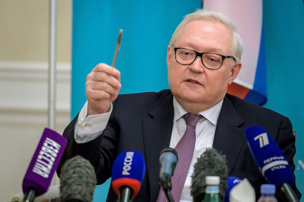 PHOTO: Russian Deputy Foreign Minister Sergei Ryabkov gestures during a press conference following talks with his U.S. counterpart on soaring tensions over Ukraine, in Geneva, Jan. 10, 2022.