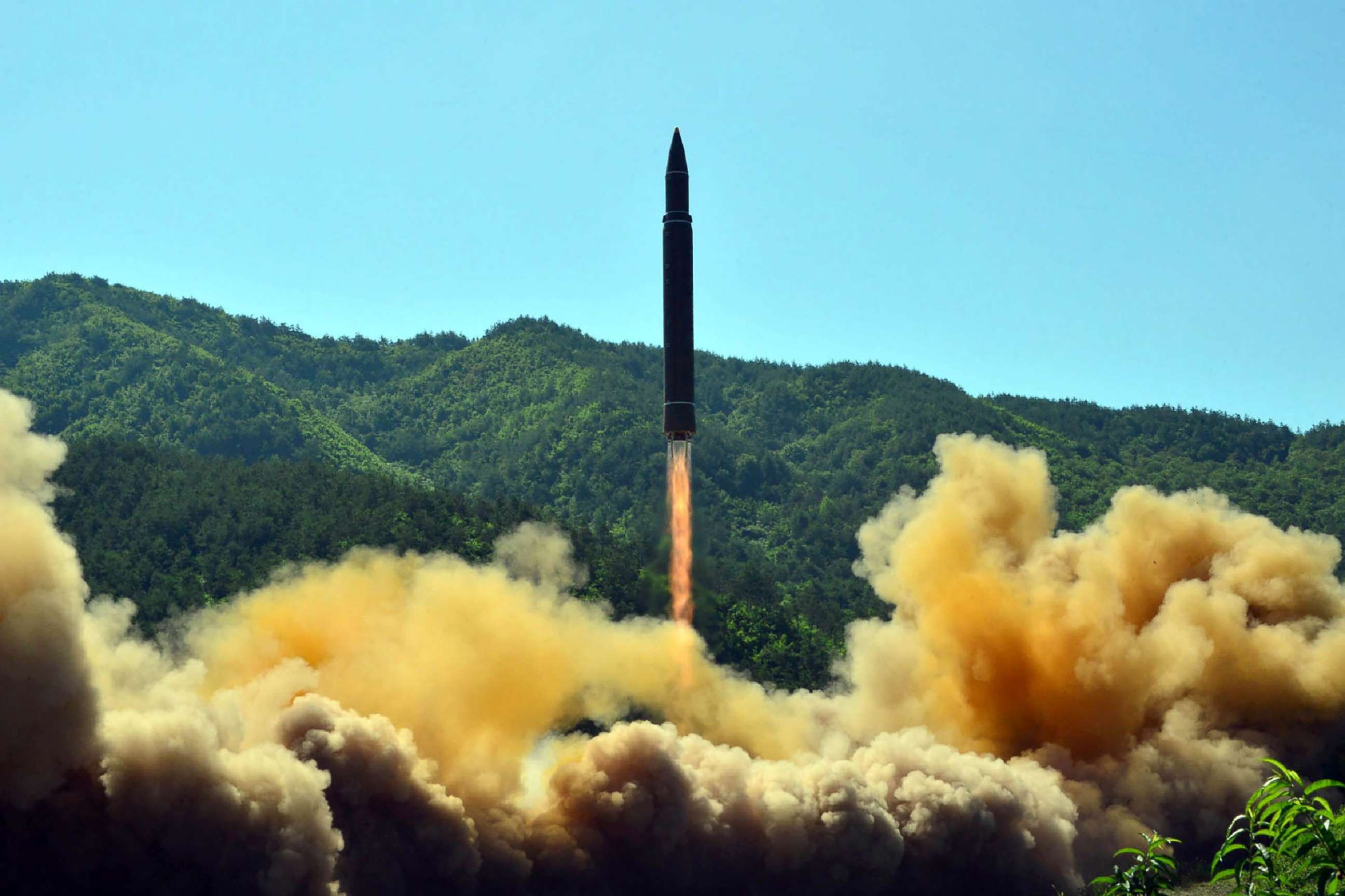 PHOTO: This picture taken on July 4, 2017 and released by North Korea's official Korean Central News Agency (KCNA) on July 5, 2017 shows the successful test-fire of the intercontinental ballistic missile Hwasong-14 at an undisclosed location.