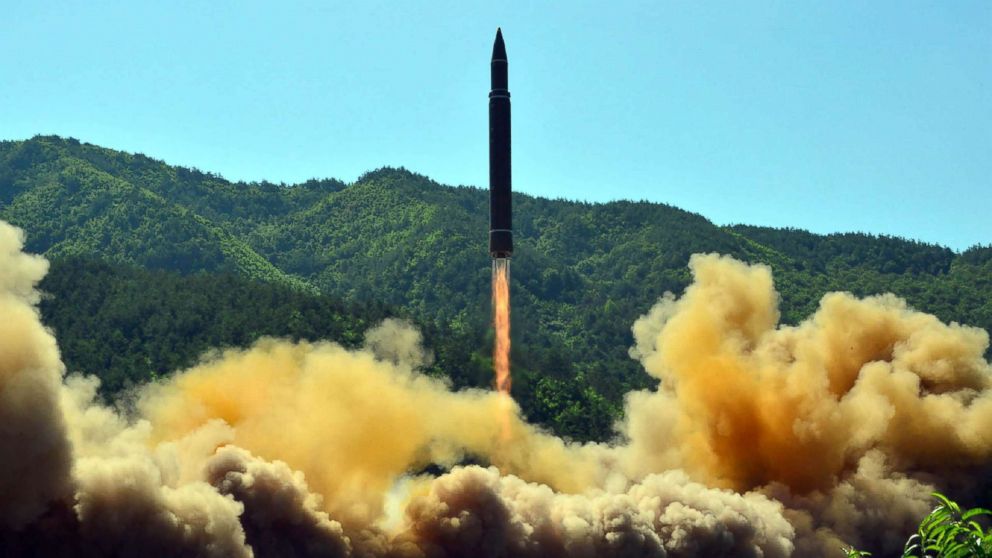 PHOTO: This picture taken on July 4, 2017 and released by North Korea's official Korean Central News Agency (KCNA) on July 5, 2017 shows the successful test-fire of the intercontinental ballistic missile Hwasong-14 at an undisclosed location.