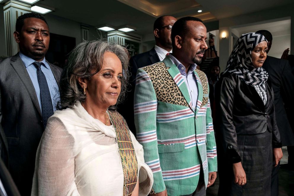 PHOTO: Sahle-Work Zewde, left, walks with Prime Minister Abiy Ahmed after being elected as Ethiopia's first female President at the Parliament in Addis Ababa, Oct. 25, 2018.