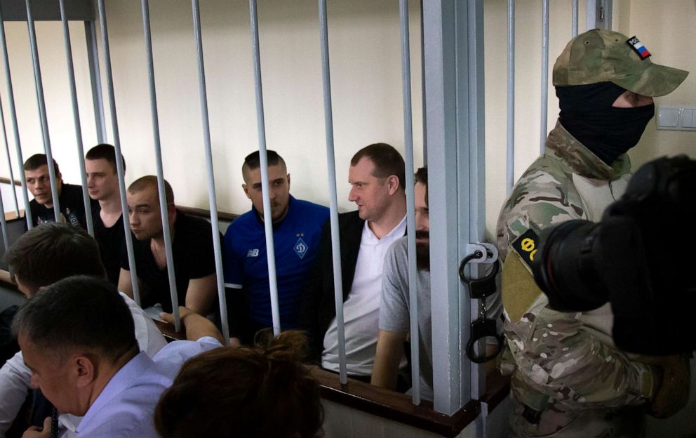 PHOTO: Ukrainian sailors sit in a cage in a courtroom in Moscow, Russia, Wednesday, July 17, 2019.