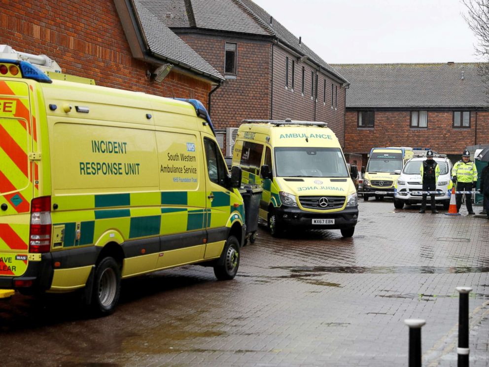 PHOTO: Emergency services vehicles are parked in Salisbury, Britain, March 28, 2018, behind a pub that was visited by former Russian intelligence officer Sergei Skripal and his daughter Yulia before they were found poisoned.