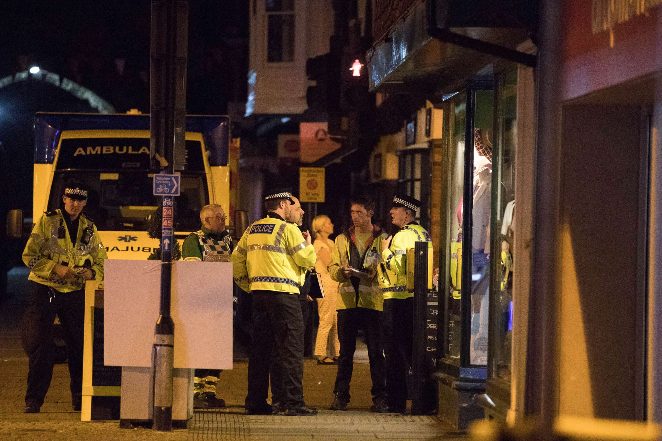 PHOTO: Police and other emergency service personal gather outside Prezzo restaurant which has been closed after two people became ill earlier this evening on Sept. 16, 2018 in Salisbury, England.