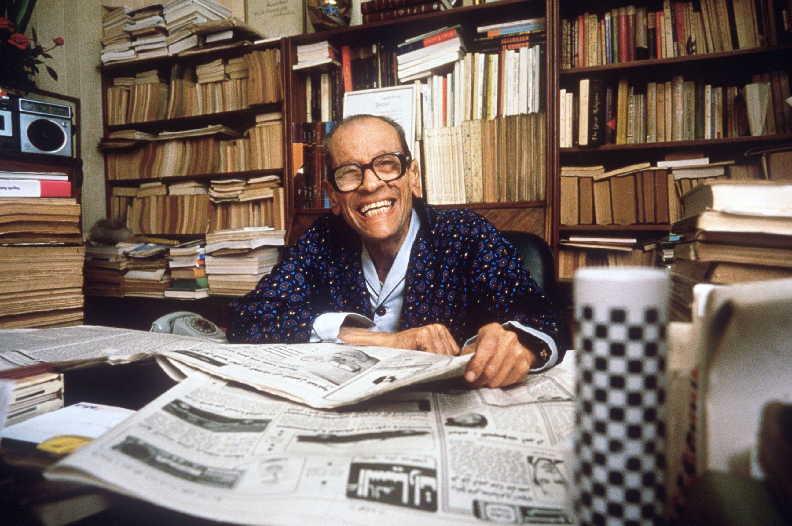 PHOTO: Novelist Naguib Mahfouz poses for a portrait at his home in Cairo, Oct. 19, 1988.