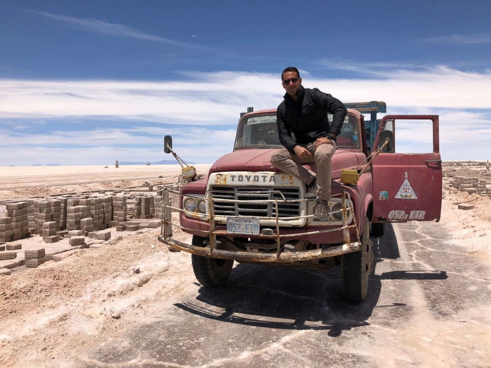 PHOTO: ABC News' Victor Oquendo sits on top of a vehicle used by the Saleros to load blocks of salt.