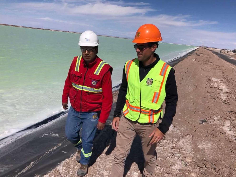 PHOTO: ABC News Victor Oquendo tours a lithium plant with officials in Bolivia.