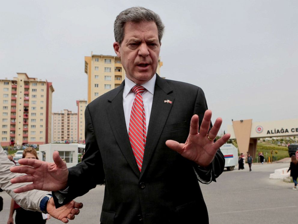 PHOTO: U.S. envoy for religious freedom Sam Brownback talks to media outside the Aliaga Prison and Courthouse complex in Izmir, Turkey April 16, 2018.