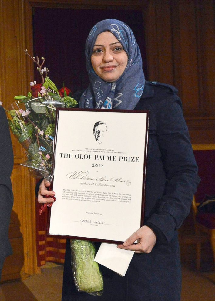 PHOTO: In this file photo, Saudian lawyer and human rights activist Waleed Abu al-Khair's wife, Samar Badawi, receives the Olof Palme prize at the 2nd chamber of the Swedish Parliament in Stockholm, Jan. 25, 2013.