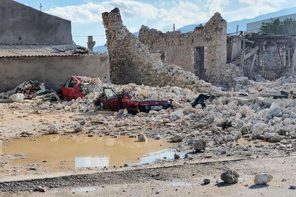 PHOTO: TCrushed cars and collapsed buildings lie in the aftermath of an earthquake on the island of Samos, Greece, Oct. 30, 2020.