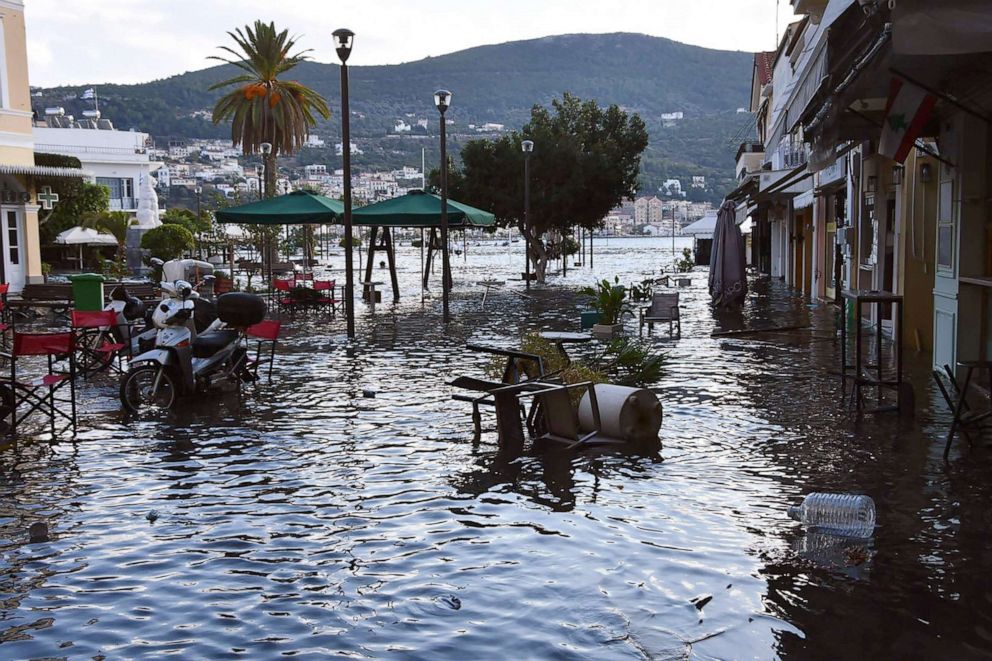 PHOTO: Seawater floods a square after an earthquake at the port of Vathi on the eastern Aegean island of Samos, Greece, Oct. 30, 2020. 
