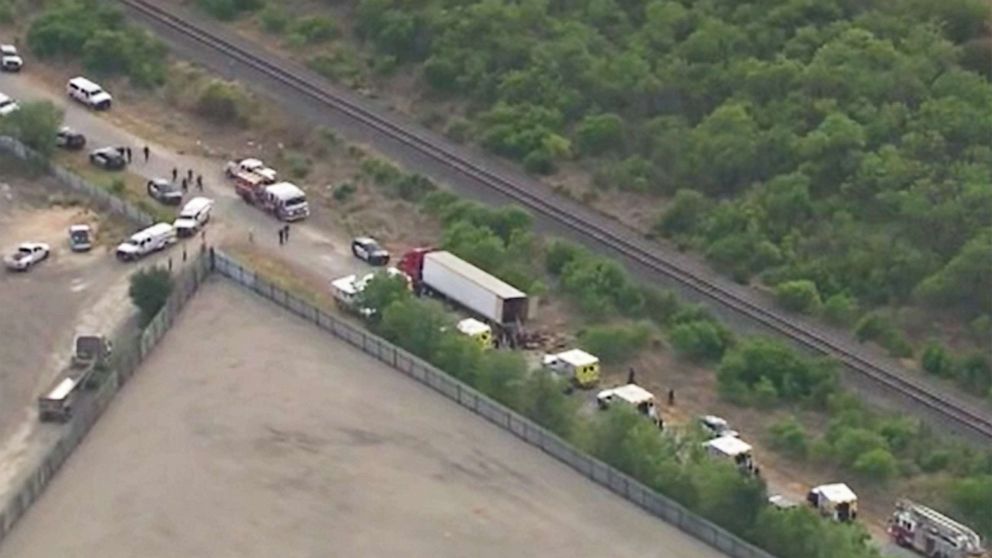 PHOTO: Emergency vehicles respond to the scene of at least 42 people found dead in 18-wheeler on Southwest Side of San Antonio, Texas, June 27, 2022.