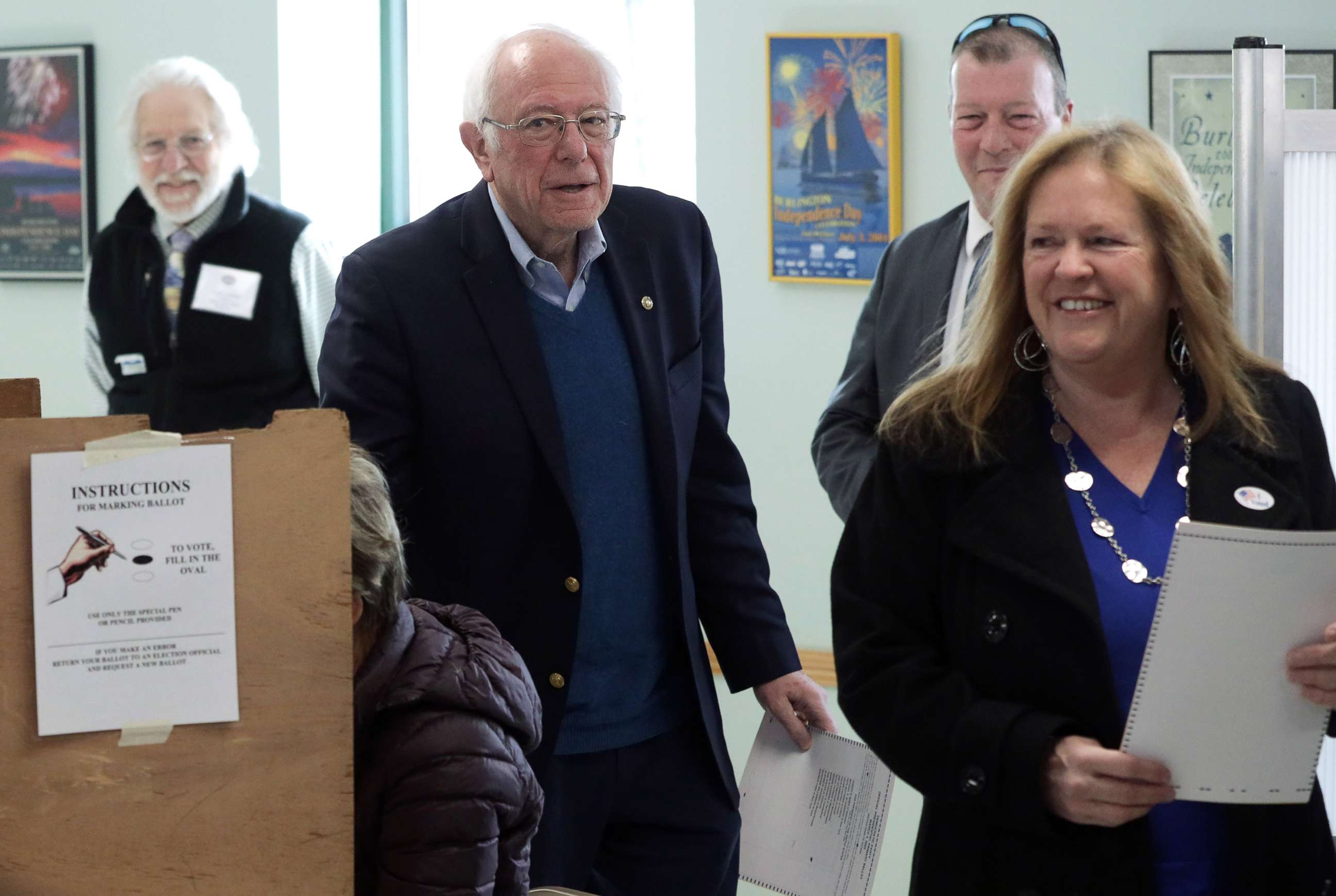 PHOTO:Democratic presidential candidate Sen. Bernie Sanders cast his vote with his wife Jane O'Meara Sanders at a polling place March 3, 2020 at Robert Miller Community Center in Burlington, Vt.