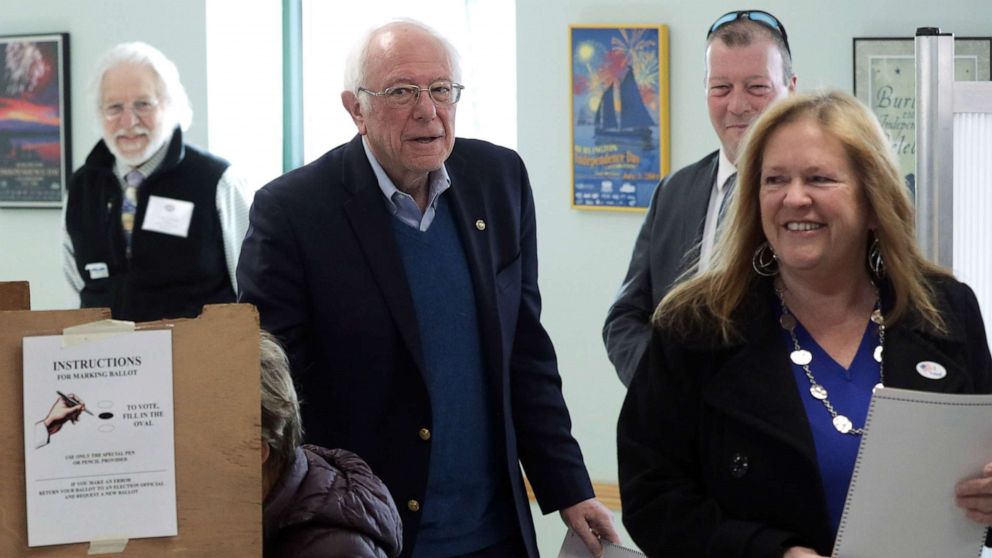 PHOTO:Democratic presidential candidate Sen. Bernie Sanders cast his vote with his wife Jane O'Meara Sanders at a polling place March 3, 2020 at Robert Miller Community Center in Burlington, Vt.