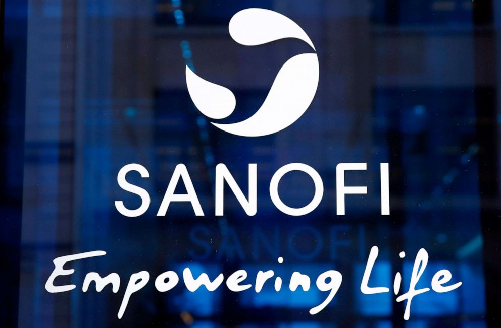 PHOTO: In this file photo taken on Feb. 7, 2019, the logo of French multinational pharmaceutical company Sanofi is pictured at the company's headquarters in Paris.