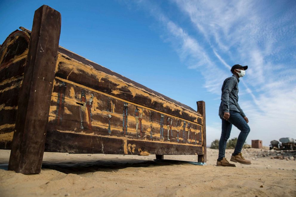 PHOTO: An adorned wooden sarcophagus is displayed during the official announcement of the discovery by an Egyptian archaeological mission of a new trove of treasures at Egypt's Saqqara necropolis south of Cairo, Egypt, Jan. 17, 2021.