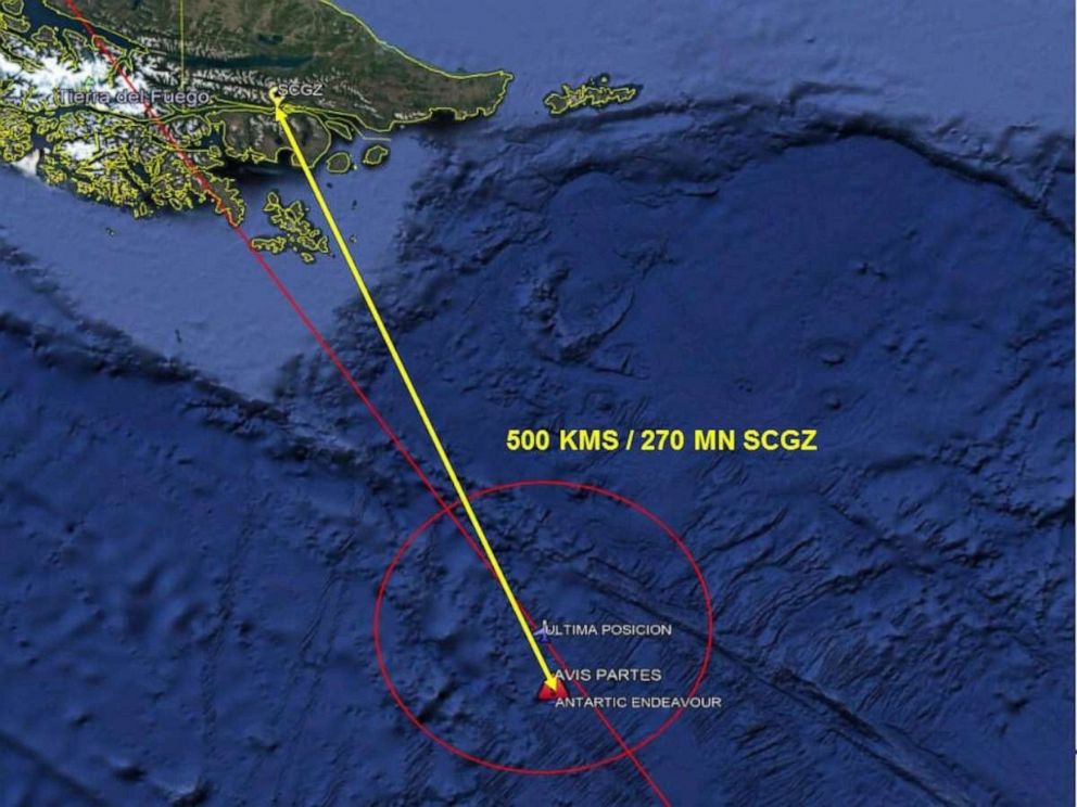 PHOTO: An undated handout photo released by the Chilean Air Force on Dec. 11, 2019, shows a satellite image of an area in the Drake Passage where debris was found, believed to be from a C-130 Hercules military transport plane that disappeared this week.