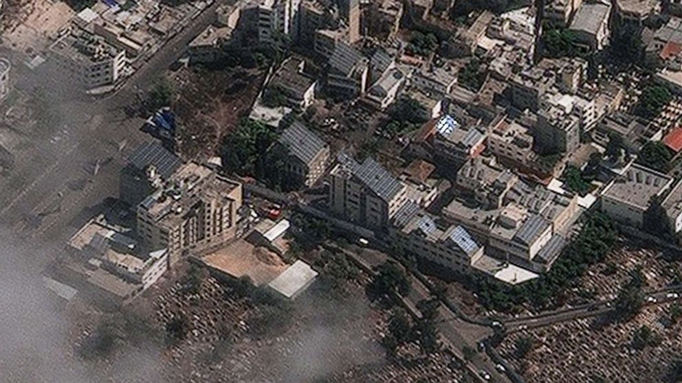 PHOTO: A satellite image taken on Oct. 18, 2023, of the Al Ahli hospital in Gaza (lower left), and the aftermath of the explosion that took place the day prior.