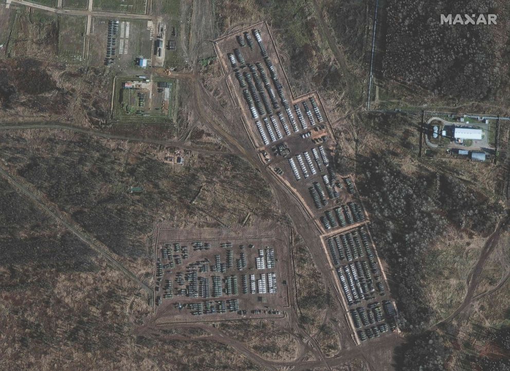 PHOTO: A satellite image released by Maxar Technologies and taken on Nov. 1, 2021, shows armored units and support equipment amid the presence of a large ground forces deployment on the northern edge of the town of Yelnya, Smolensk Oblast, Russia.