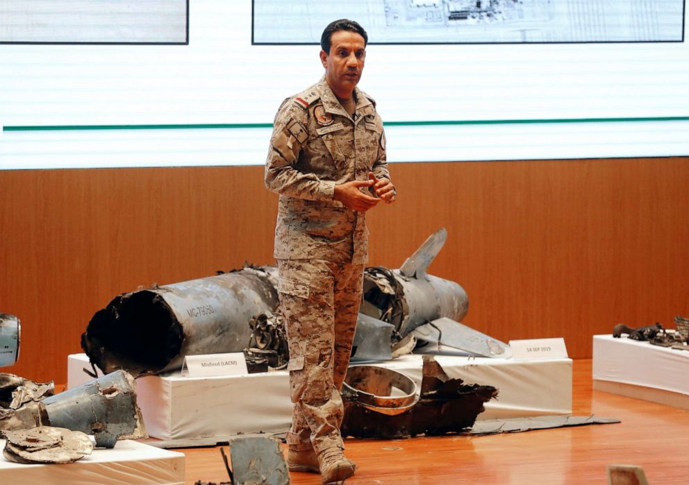 PHOTO: Saudi military spokesman Col. Turki al-Malki displays what he describes as an Iranian cruise missile and drones used in an attack that targeted the heart of Saudi Arabia's oil industry, during a press conference in Riyadh, Sept. 18, 2019.