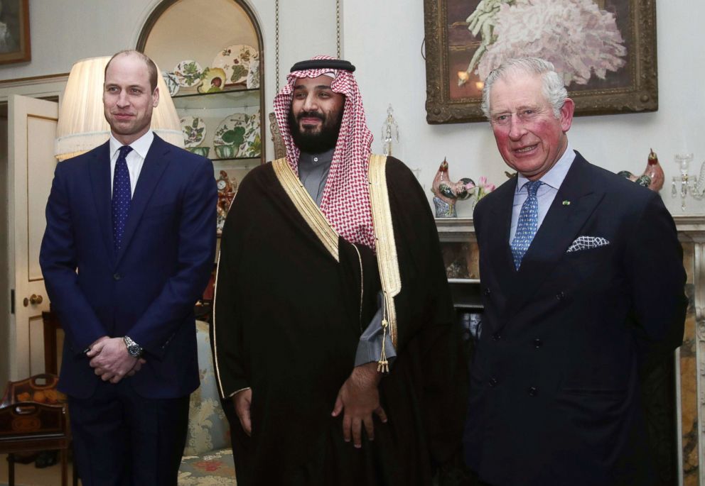 PHOTO: Britain's Prince Charles, right, stands with his son Prince William and Crown Prince of Saudi Arabia Prince Mohammed bin Salman, before their dinner at Clarence House in London, March 7, 2018.