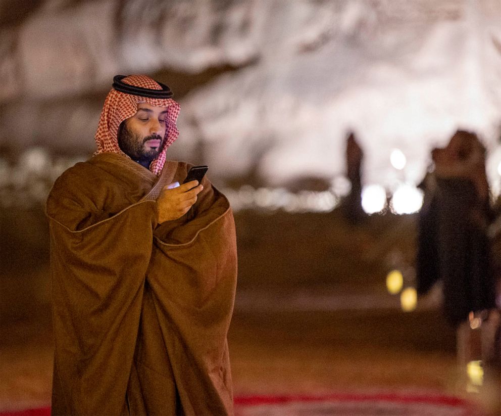 PHOTO: Saudi Arabia's Crown Prince Mohammed bin Salman uses his phone during a meeting with Japan's Prime Minister Shinzo Abe in Riyadh, Saudi Arabia, Jan.12, 2020.