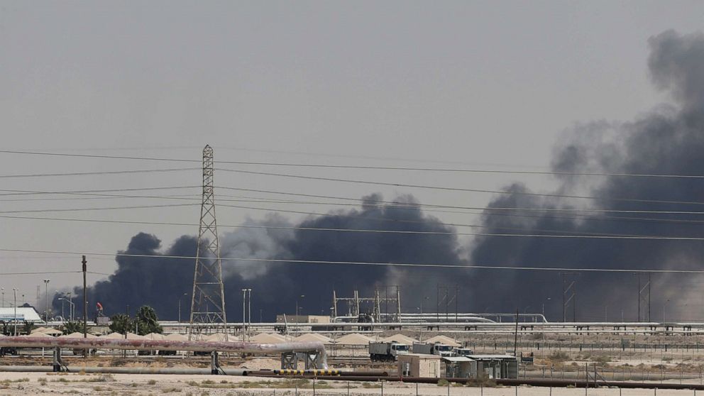 PHOTO: Smoke is seen following a fire at Aramco facility in the eastern city of Abqaiq, Saudi Arabia, Sept. 14, 2019.