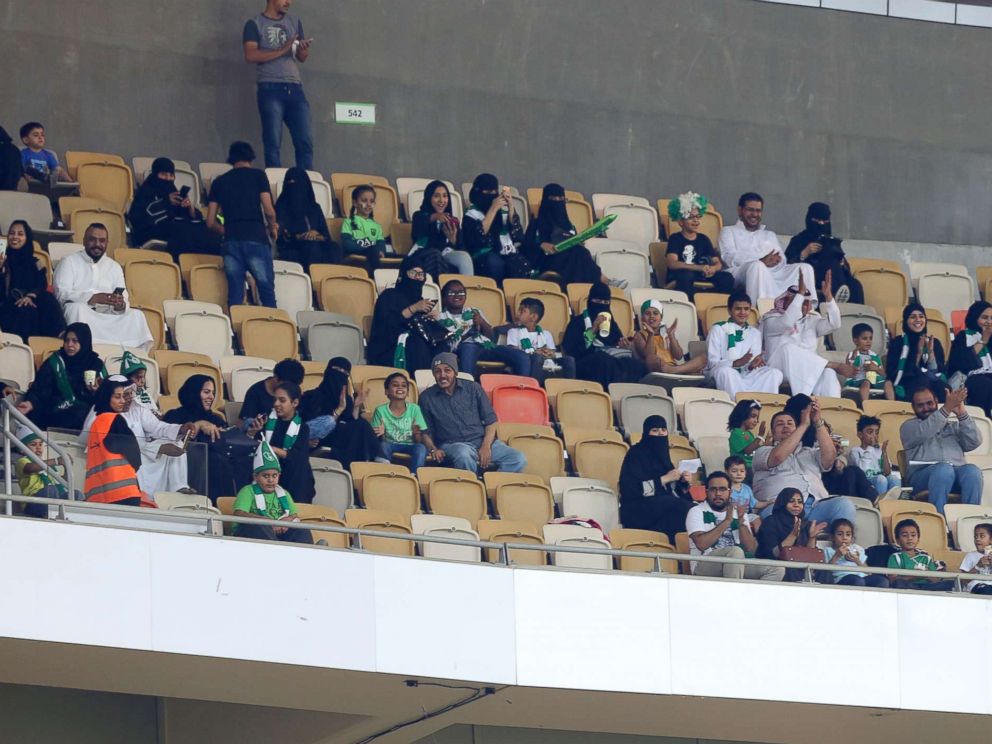 PHOTO: Female Saudi supporters of Al-Ahli attend their teams football match against Al-Batin in the Saudi Pro League at the King Abdullah Sports City in Jeddah, Jan. 12, 2018.