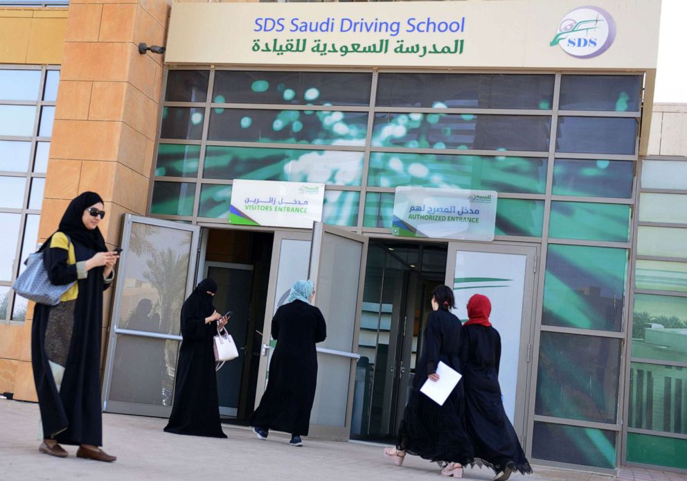 PHOTO: Saudi female driving trainees gather at the entrance of the Saudi Driving School (SDS) in the Riyadh, Saudi Arabia, on June 24, 2019.