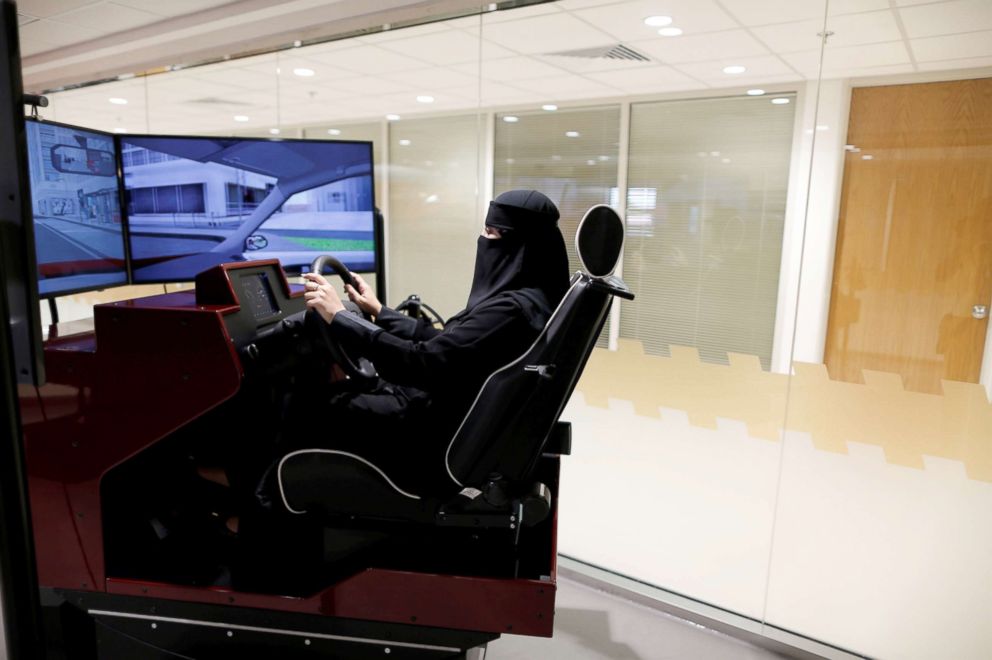 PHOTO: Trainee Amira Abdulgader practices with a screen in front of her during a driving lesson at Saudi Aramco Driving Center in Dhahran, Saudi Arabia, June 6, 2018. 