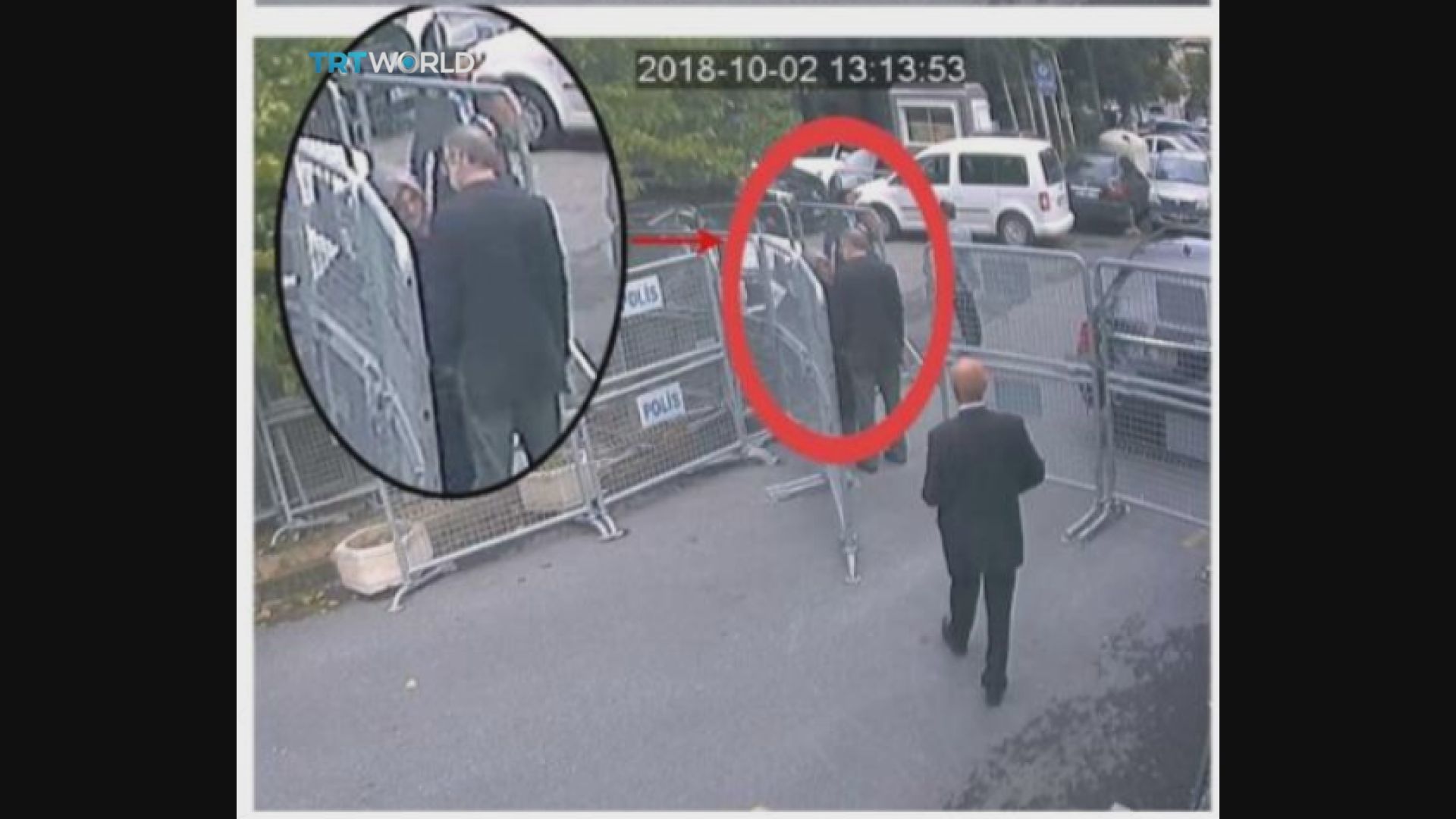 PHOTO: This image taken from CCTV video made available Sunday, Oct. 21, 2018, purportedly showing Saudi journalist Jamal Khashoggi talking to his fiancee Hatice Cengiz, seen in expanded view, before entering the Saudi consulate in Istanbul, Oct. 2, 2018. 
