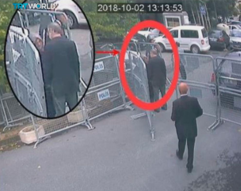 PHOTO: This image taken from CCTV video made available Sunday, Oct. 21, 2018, purportedly showing Saudi journalist Jamal Khashoggi talking to his fiancee Hatice Cengiz, seen in expanded view, before entering the Saudi consulate in Istanbul, Oct. 2, 2018. 