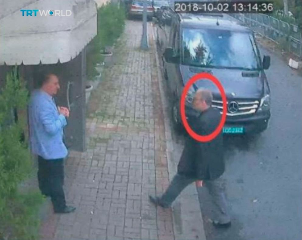 PHOTO: This image taken from CCTV video obtained by the Turkish broadcaster TRT World and made available on Sunday, Oct. 21, 2018, purportedly showing Saudi journalist Jamal Khashoggi entering the Saudi consulate in Istanbul, Oct. 2, 2018.