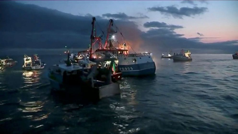 PHOTO: French and British fishing boats collide during scrap in English Channel over scallop fishing rights, Aug. 28, 2018 in this still image taken from a video.