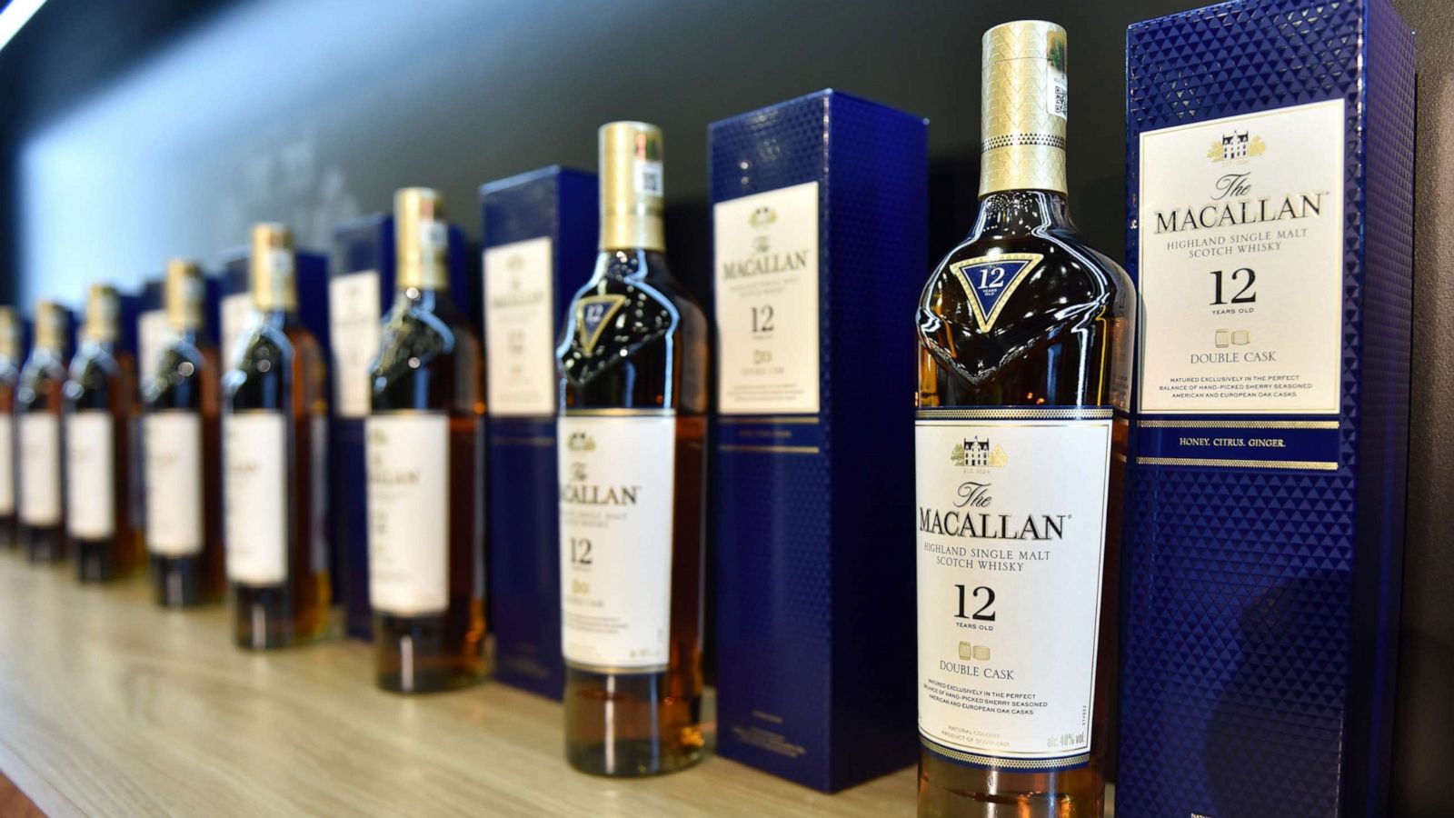 PHOTO: In this Oct. 23, 2019, file photo, bottles of 12 years old double cask Macallan highland single malt scotch whisky are displayed during the RM Sotheby's London, European car collectors event in London.