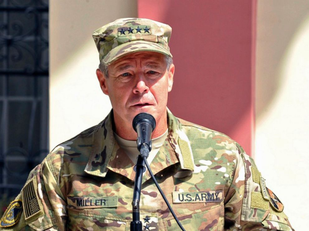 PHOTO: Sept.2, 2018 file photo, provided by the U.S. Air Force, shows U.S. Army Gen. Scott Miller, commander of U.S. and NATO troops in Afghanistan, delivering remarks during the Resolute Support mission change of command ceremony in Kabul, Afghanistan.