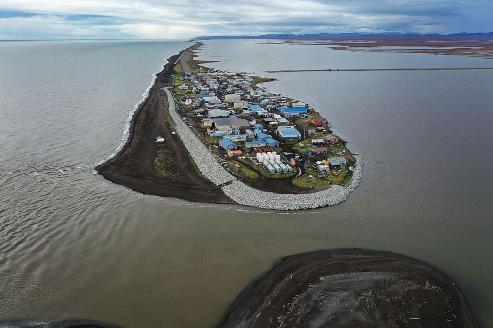 PHOTO: An aerial view from a drone shows Kivalina, which sits at the very end of an eight-mile barrier reef located between a lagoon and the Chukchi Sea on September 10, 2019, in Kivalina, Alaska.