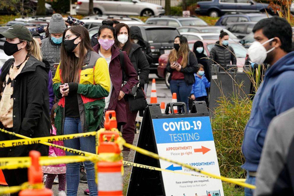 PHOTO: People line up to be tested for the coronavirus at a free testing site in Seattle, Nov. 18, 2020.