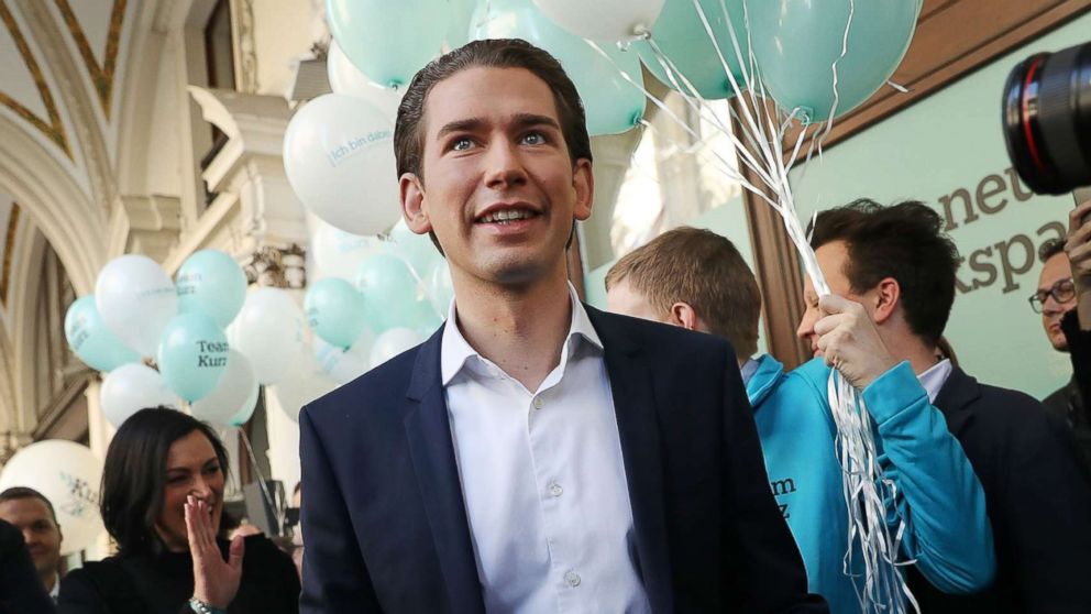 Sebastian Kurz arrives to speak to supporters outside his party's headquarters on Oct. 13, 2017 in Vienna, Austria.