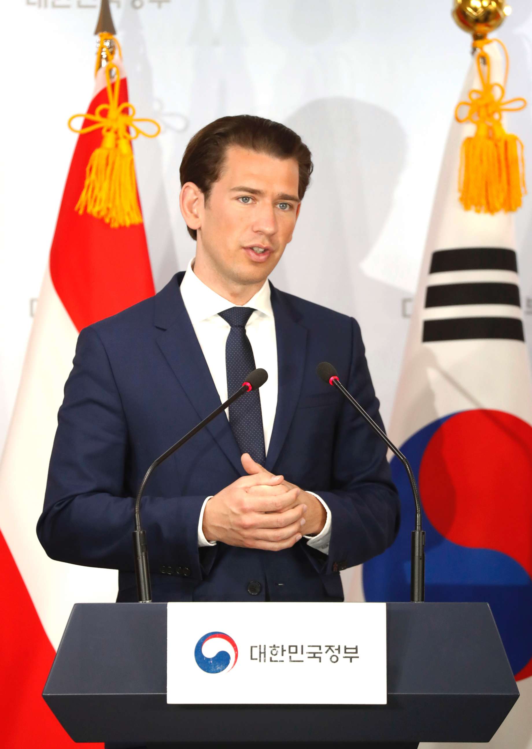 PHOTO: Austria's Chancellor Sebastian Kurz attends a press conference at the Presidential Blue House on Feb. 14, 2019 in Seoul.