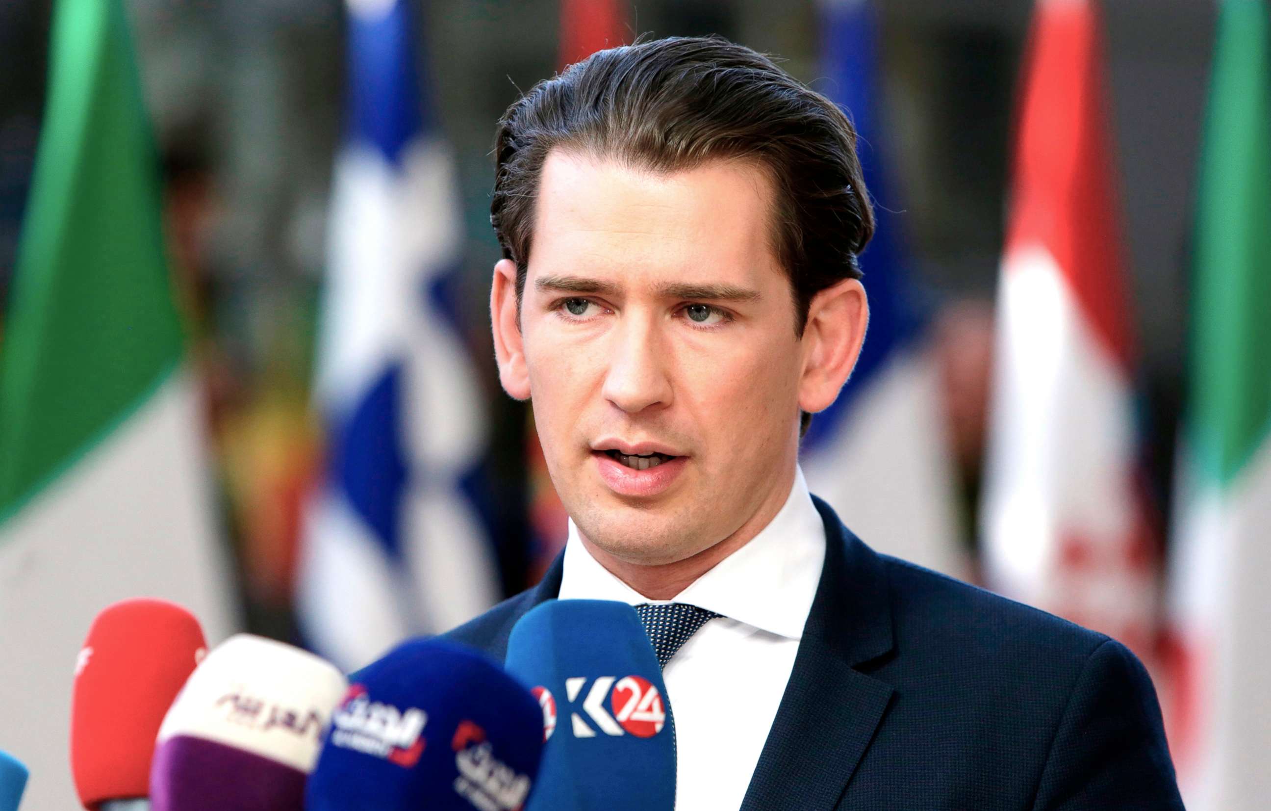 PHOTO: Austria's Chancellor Sebastian Kurz speaks to the press as he arrives ahead of a European Council meeting on Brexit at The European Parliament in Brussels, April 10, 2019. 