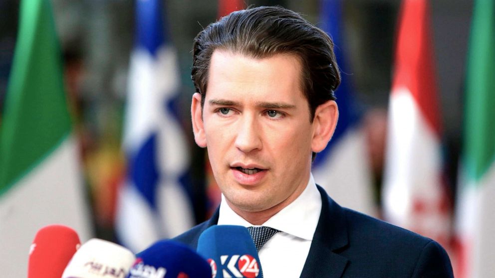 PHOTO: Austria's Chancellor Sebastian Kurz speaks to the press as he arrives ahead of a European Council meeting on Brexit at The European Parliament in Brussels, April 10, 2019. 