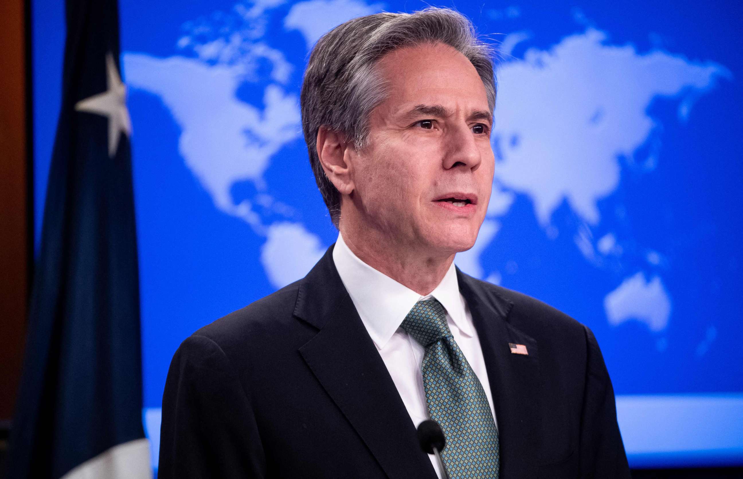 PHOTO: Secretary of State Antony Blinken speaks to the press about the war in Ukraine, at the State Department in Washington, March 17, 2022.