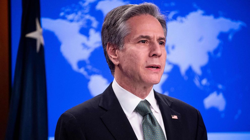 PHOTO: Secretary of State Antony Blinken speaks to the press about the war in Ukraine, at the State Department in Washington, March 17, 2022.