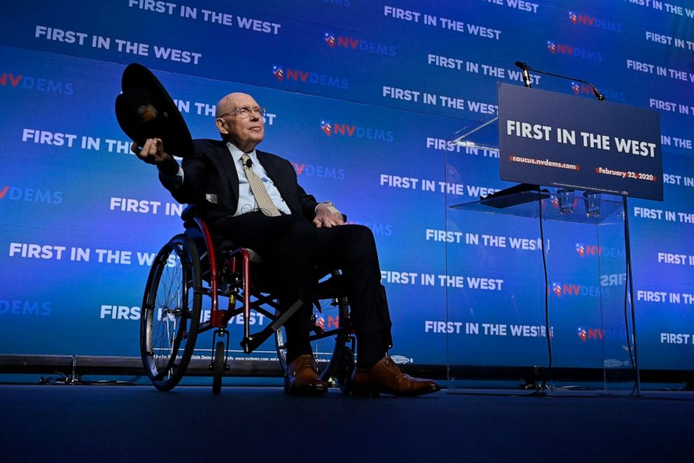 PHOTO: Former Senate Majority Leader Harry Reid acknowledges the audience during the Nevada Democrats' "First in the West" in Las Vegas, Nov. 17, 2019.