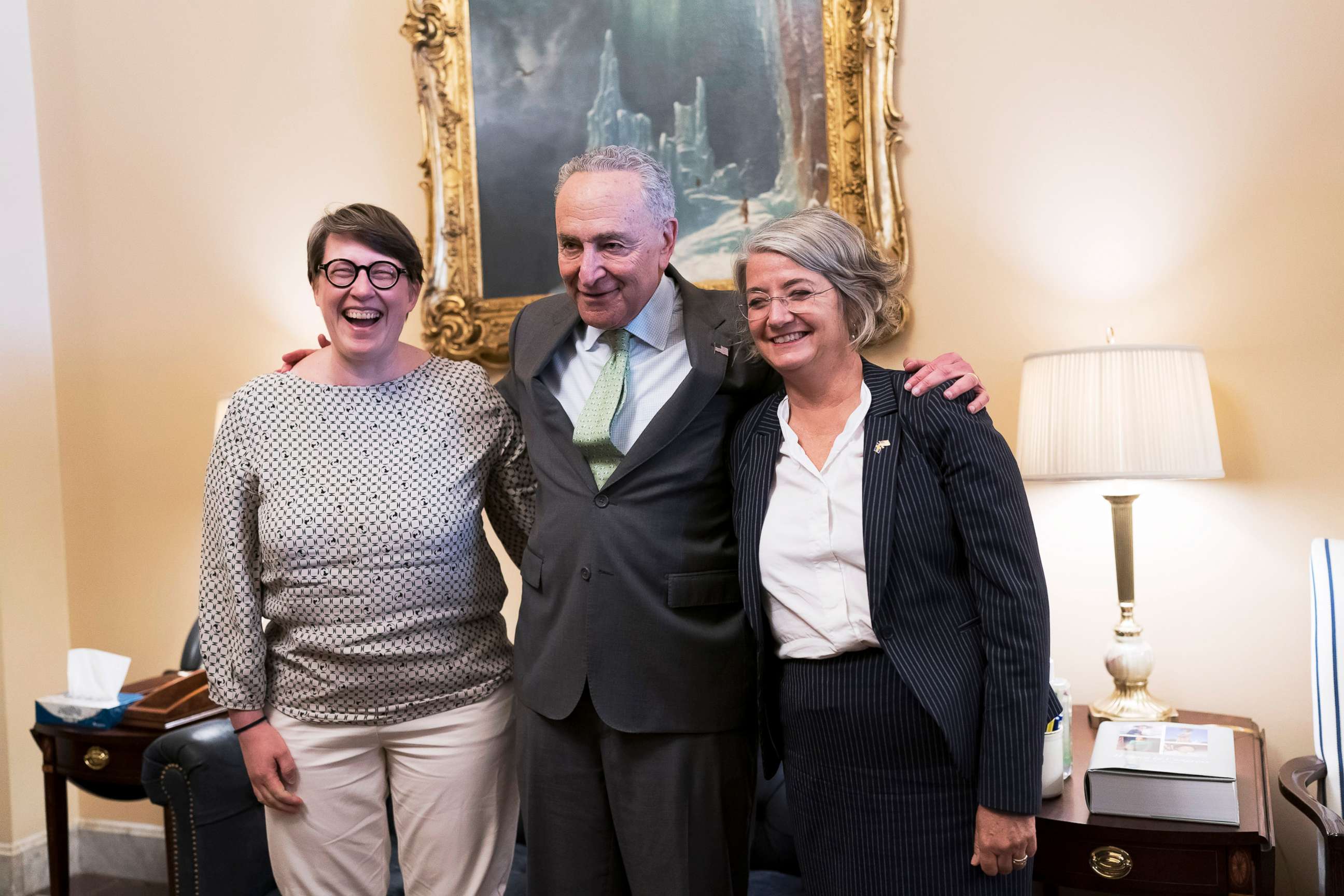 PHOTO: Senate Majority Leader Chuck Schumer, flanked by Paivi Nevala, minister counselor of the Finnish Embassy and Karin Olofsdotter, Sweden's ambassador, welcomes diplomats from Sweden and Finland in Washington, Aug. 3, 2022.